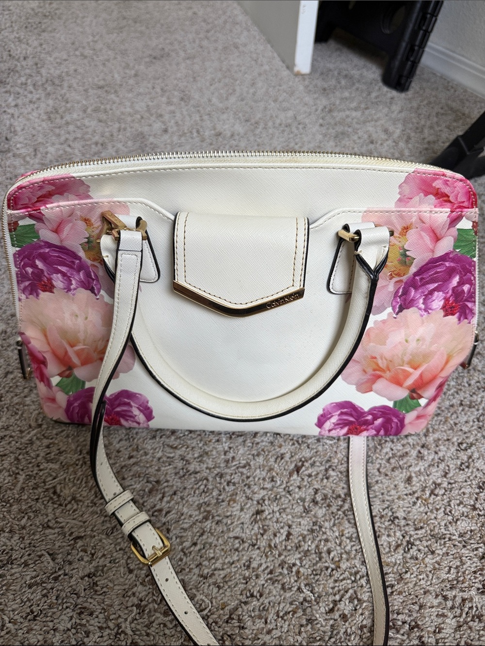 Calvin Klein White Floral Satchel Handbag with Pink & Purple Blooms
